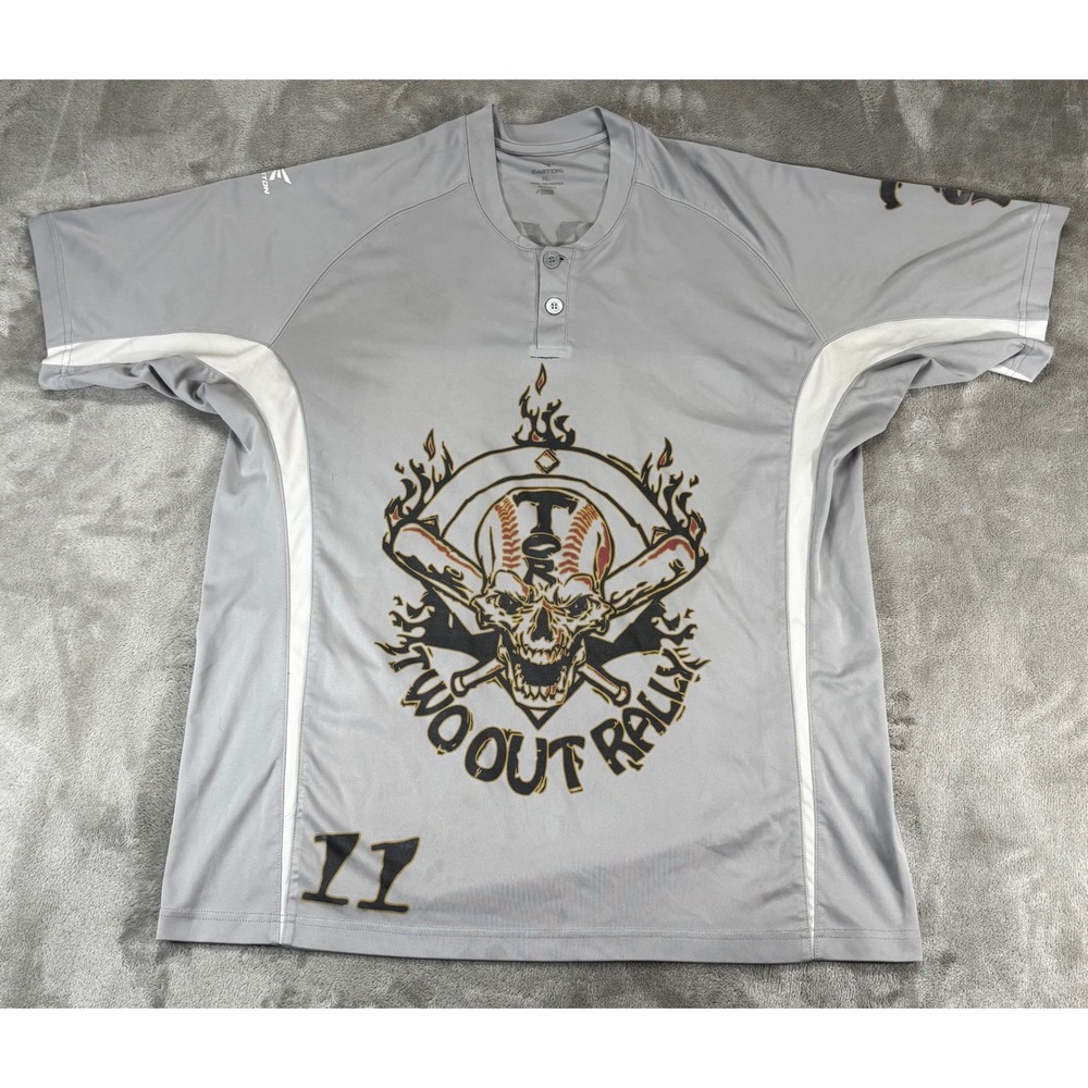 Easton Baseball Jersey Mens XL Grey Two Out Rally Skull Fleming 11 Good Graphic‎
